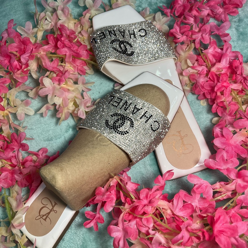 CHANEL White and Silver Embellished Slides - Picture 2 of 3